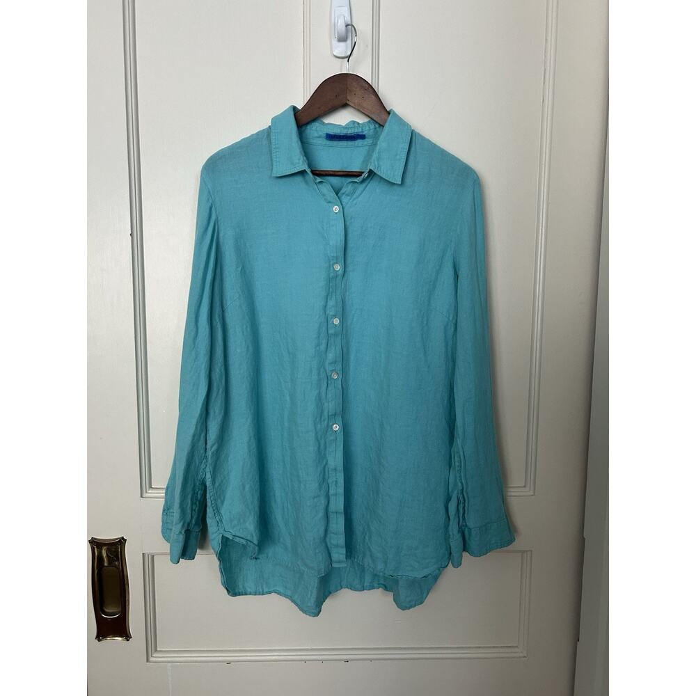 J. McLaughlin Linen Collared Button Blouse Womens Size XL Teal Beach Coastal